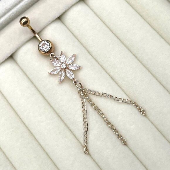 316L Stainless Steel with White Diamond Cubic Zirconia Flower 14G Belly Ring - Picture 3 of 10